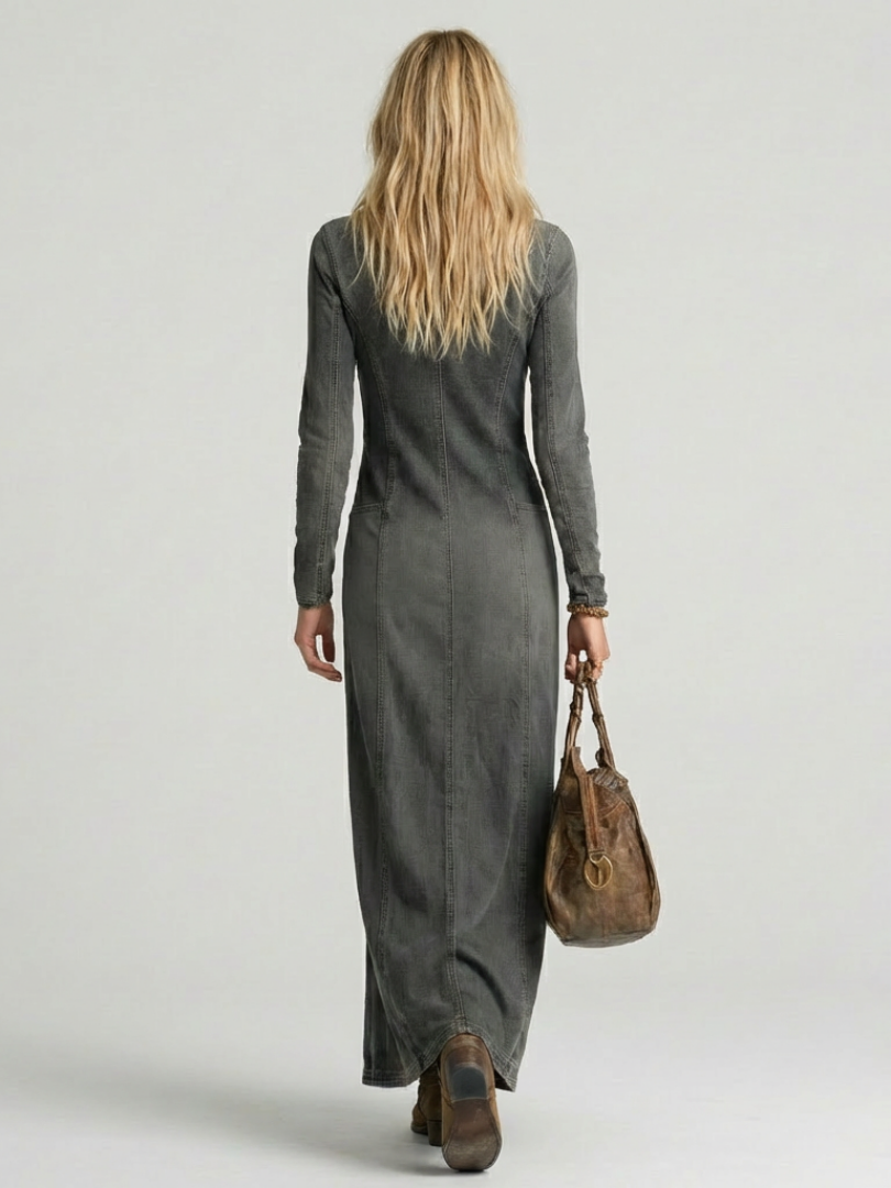 Women’s Denim Maxi Dress Button Front with Deep V Neckline 6
