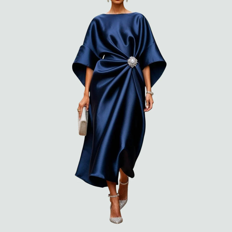 Women’s Draped Midi Dress Elegant Wide Sleeves for Special Occasions 0