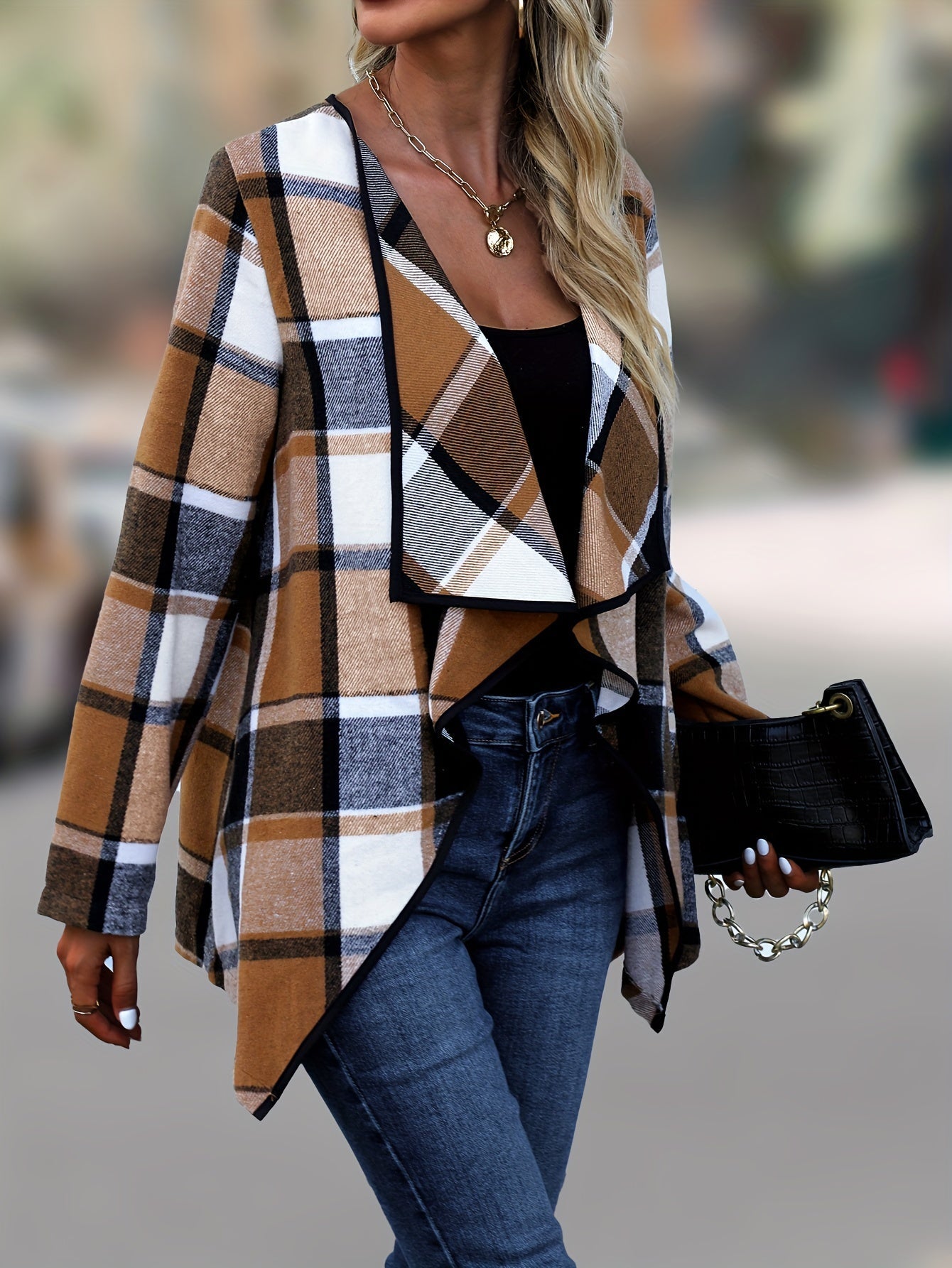 Women’s Draped Plaid Jacket Relaxed Fit Layering Piece 4