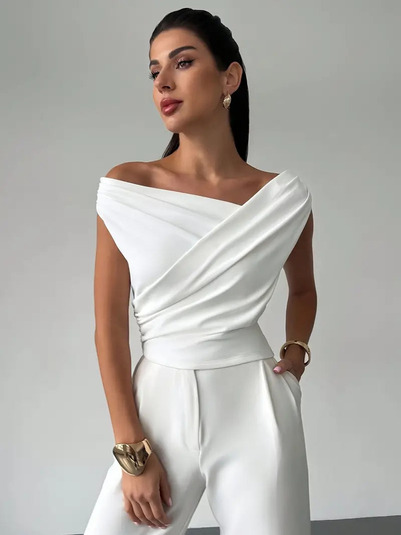 Women’s Draped Shoulder Top Subtle Cross Design 0