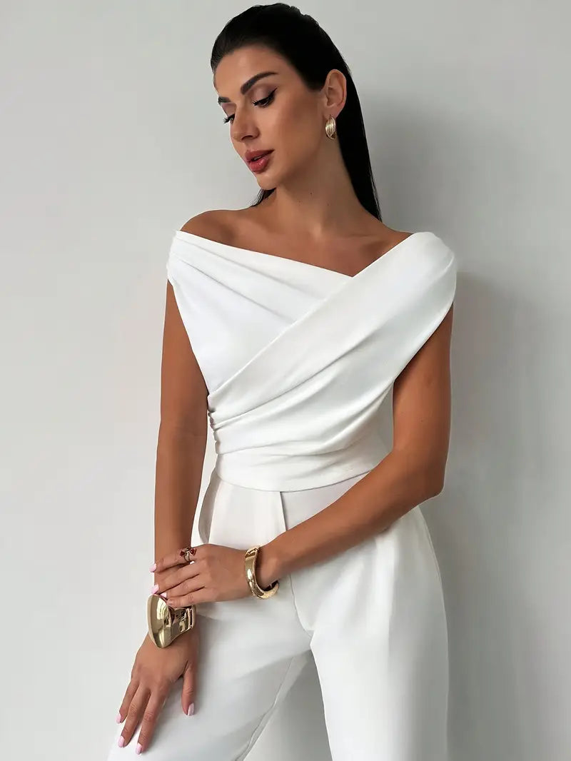 Women’s Draped Shoulder Top Subtle Cross Design 1