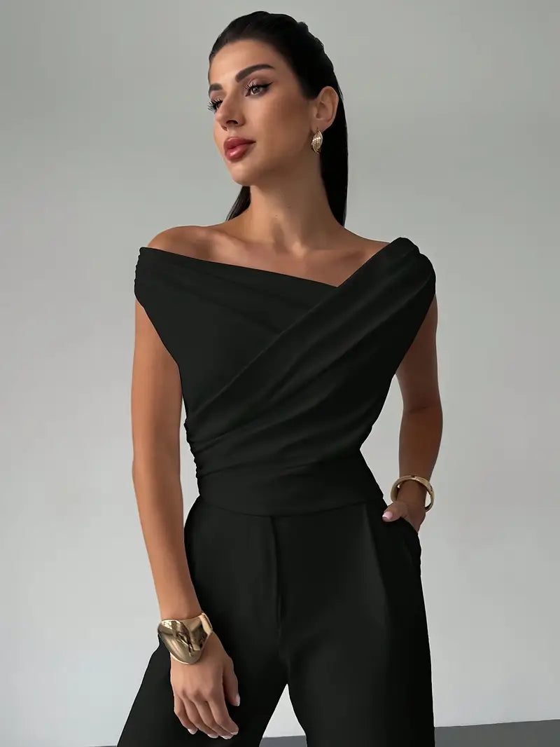 Women’s Draped Shoulder Top Subtle Cross Design 7