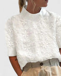 Women’s Elegant Blouse with Stand Collar and Floral Embroidery 0