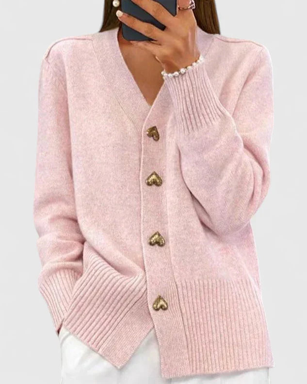 Women’s Elegant Cardigan Soft Drape with Heart Button Accents 0