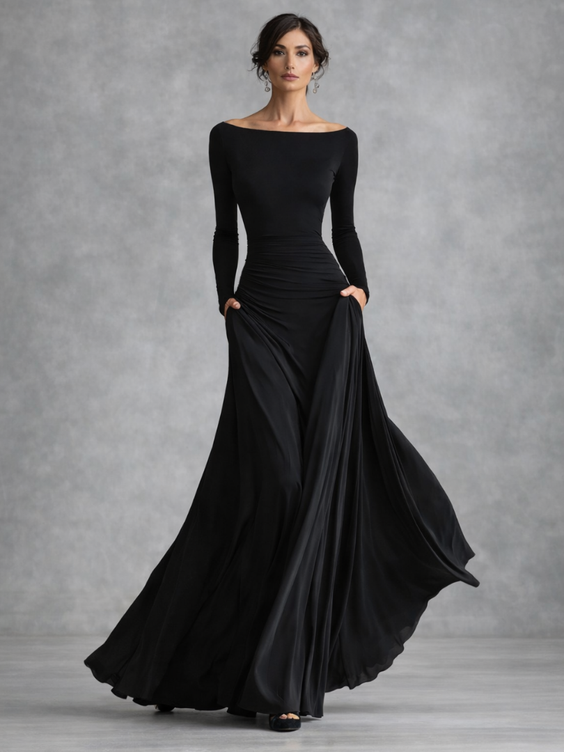 Women’s Elegant Draped Maxi Dress with Long Sleeves 0
