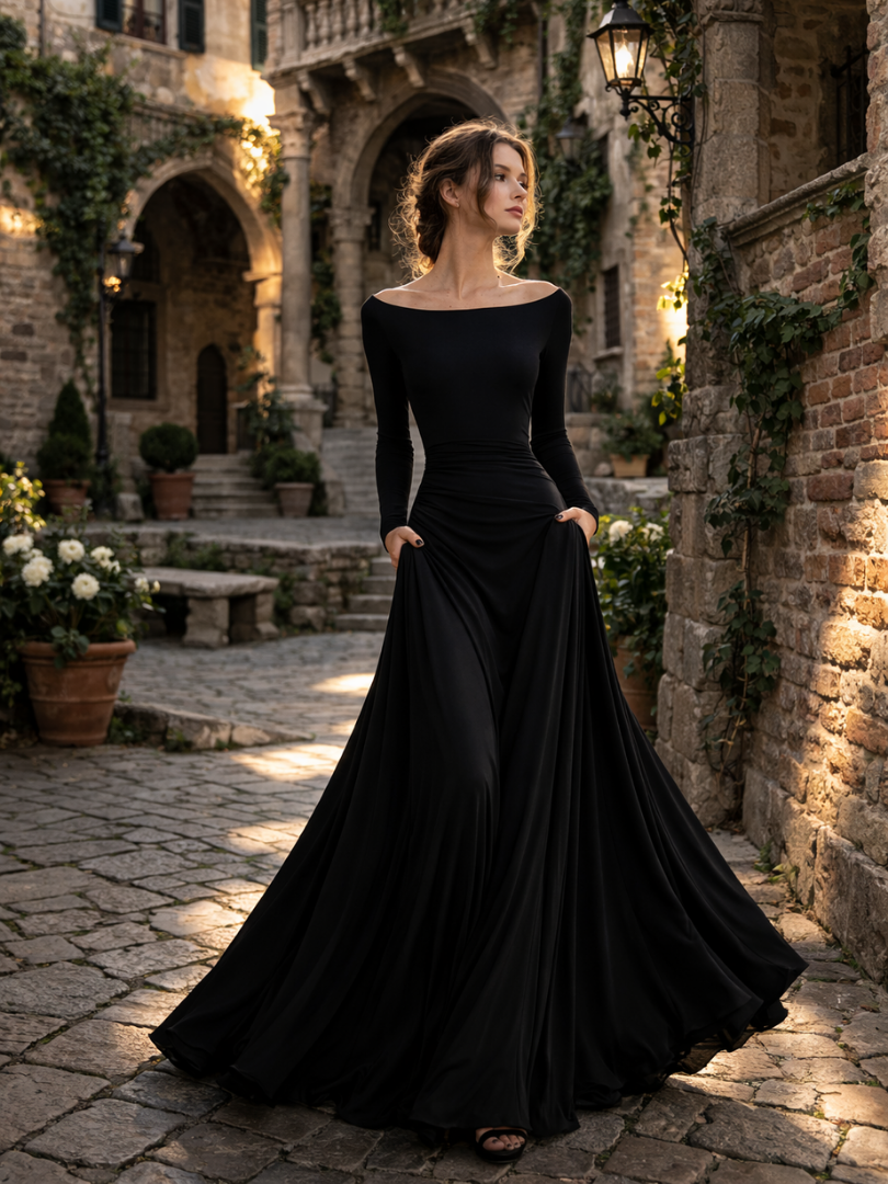Women’s Elegant Draped Maxi Dress with Long Sleeves 6