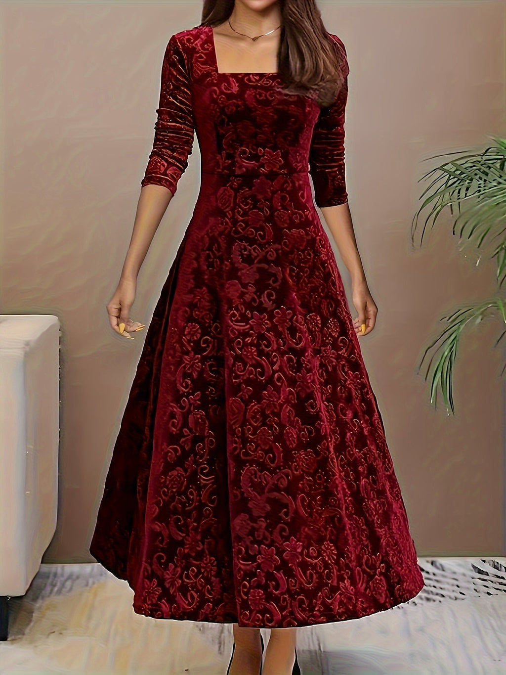 Women’s Elegant Floral Midi Dress Luxurious Velvet Design 0