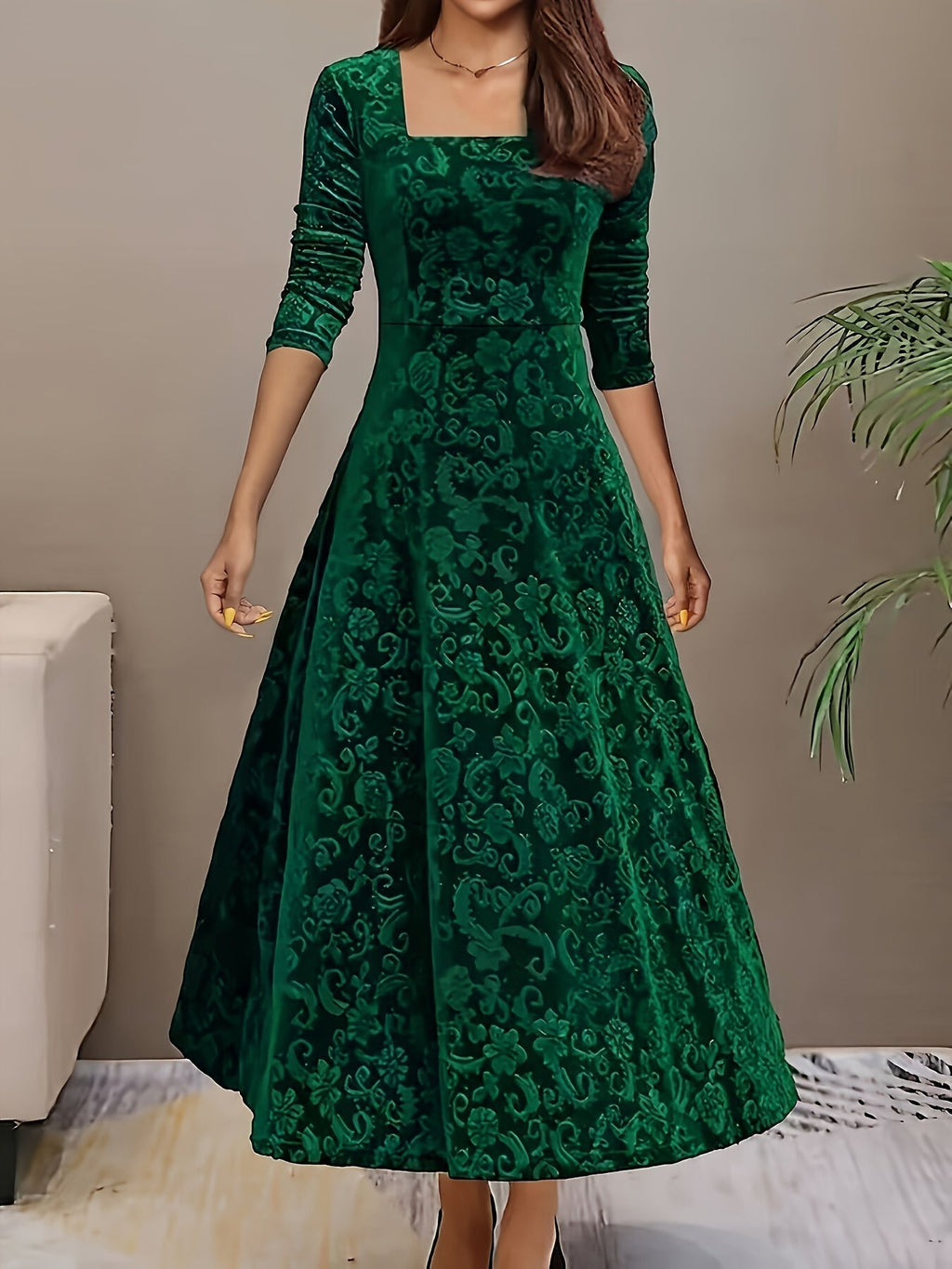 Women’s Elegant Floral Midi Dress Luxurious Velvet Design 5