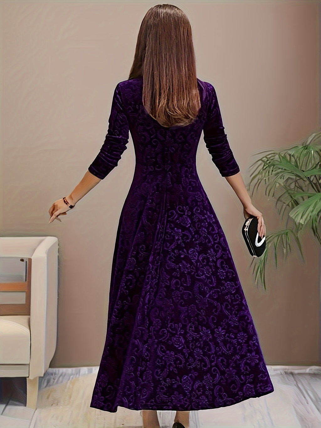 Women’s Elegant Floral Midi Dress Luxurious Velvet Design 6