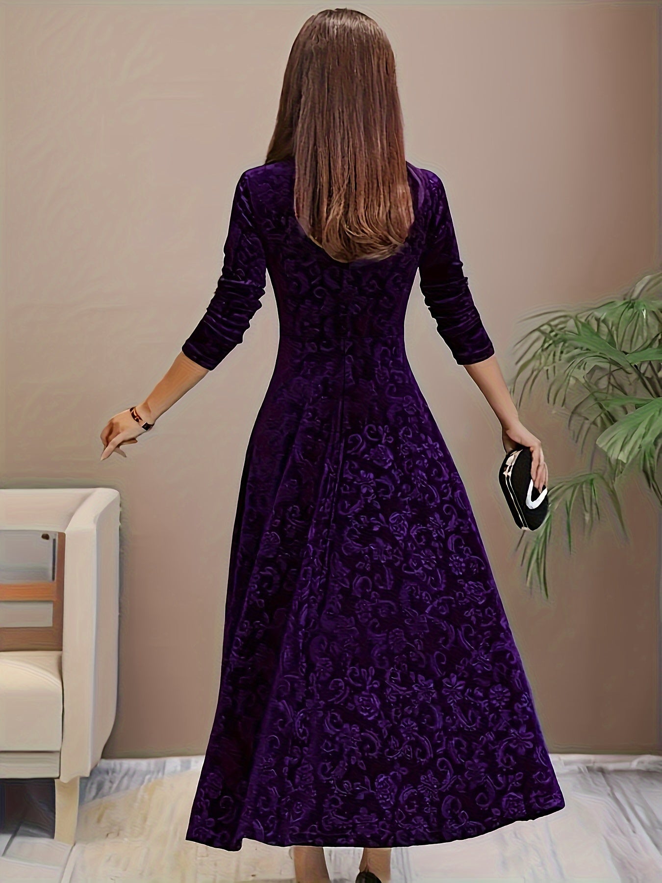 Women’s Elegant Floral Midi Dress Luxurious Velvet Design 6
