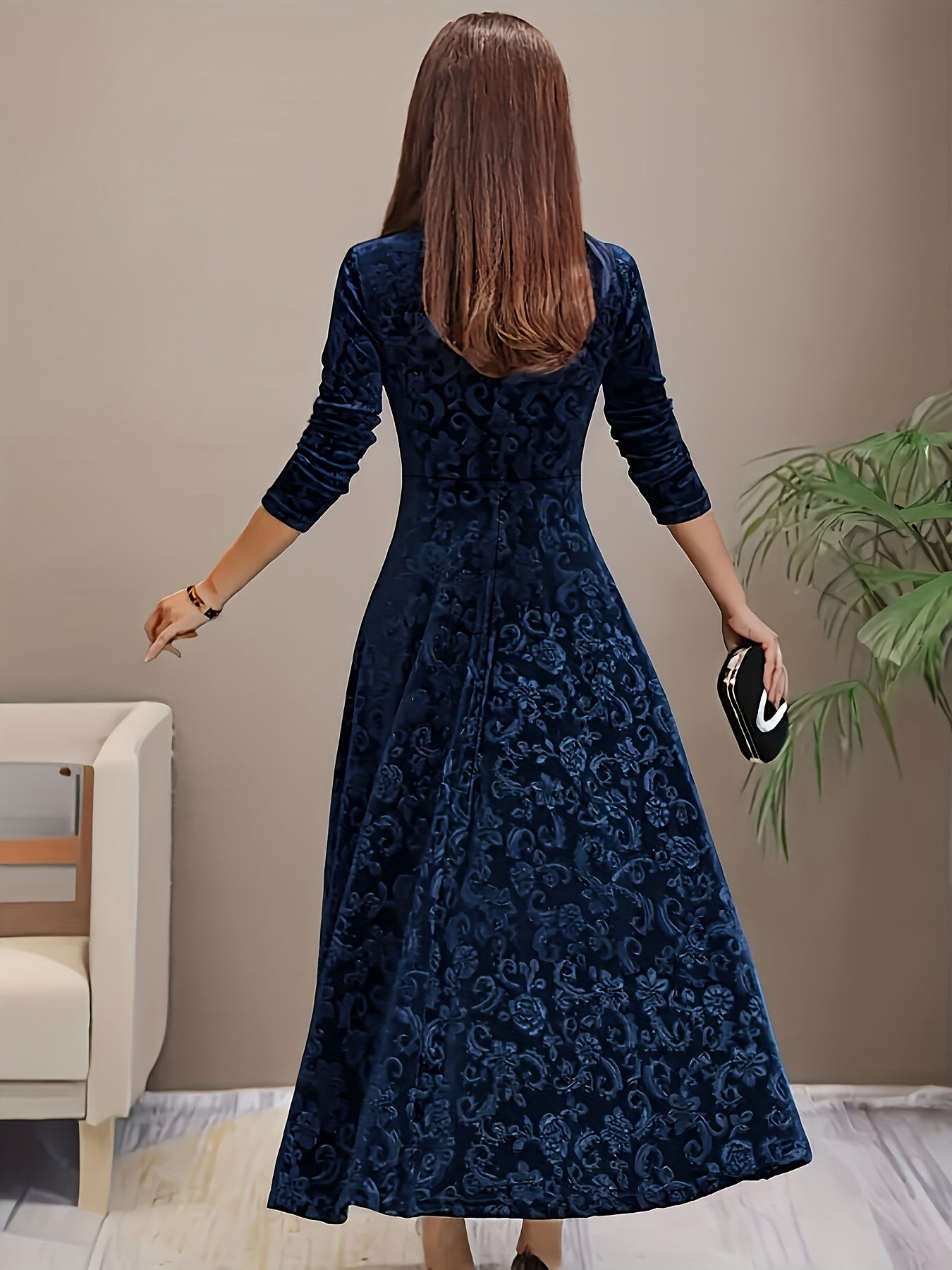 Women’s Elegant Floral Midi Dress Luxurious Velvet Design 7