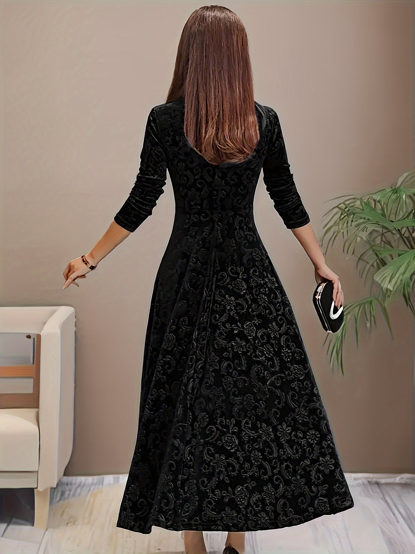 Women’s Elegant Floral Midi Dress Luxurious Velvet Design 8