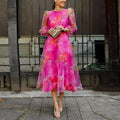 Women’s Elegant Floral Midi Dress with Sheer Long Sleeves 0