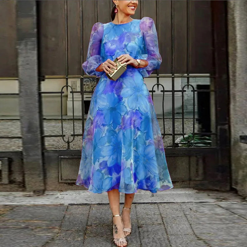 Women’s Elegant Floral Midi Dress with Sheer Long Sleeves 1