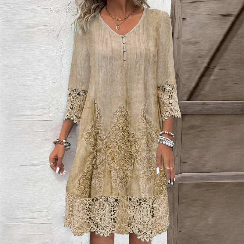 Women’s Elegant Lace Dress Vintage Style with Three-Quarter Sleeves 0