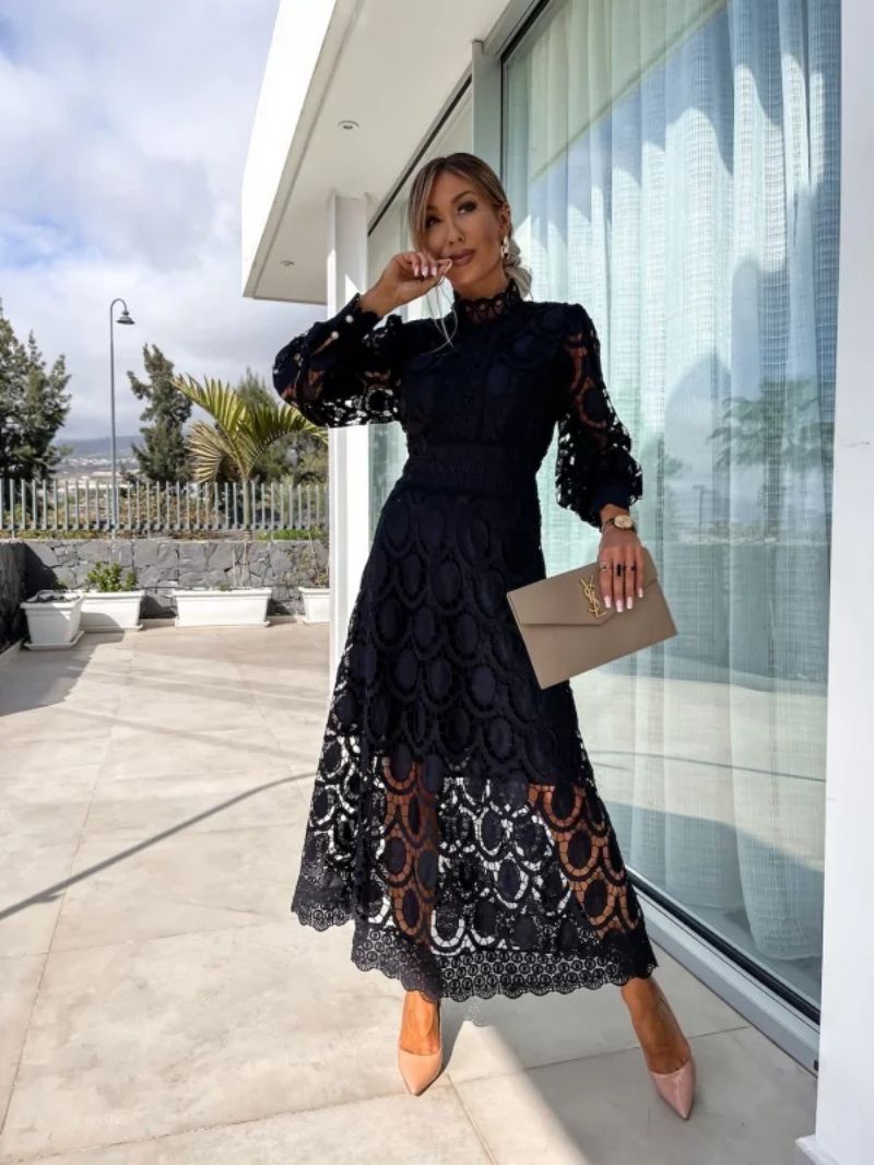 Women’s Elegant Lace Midi Dress High Neckline Design 5