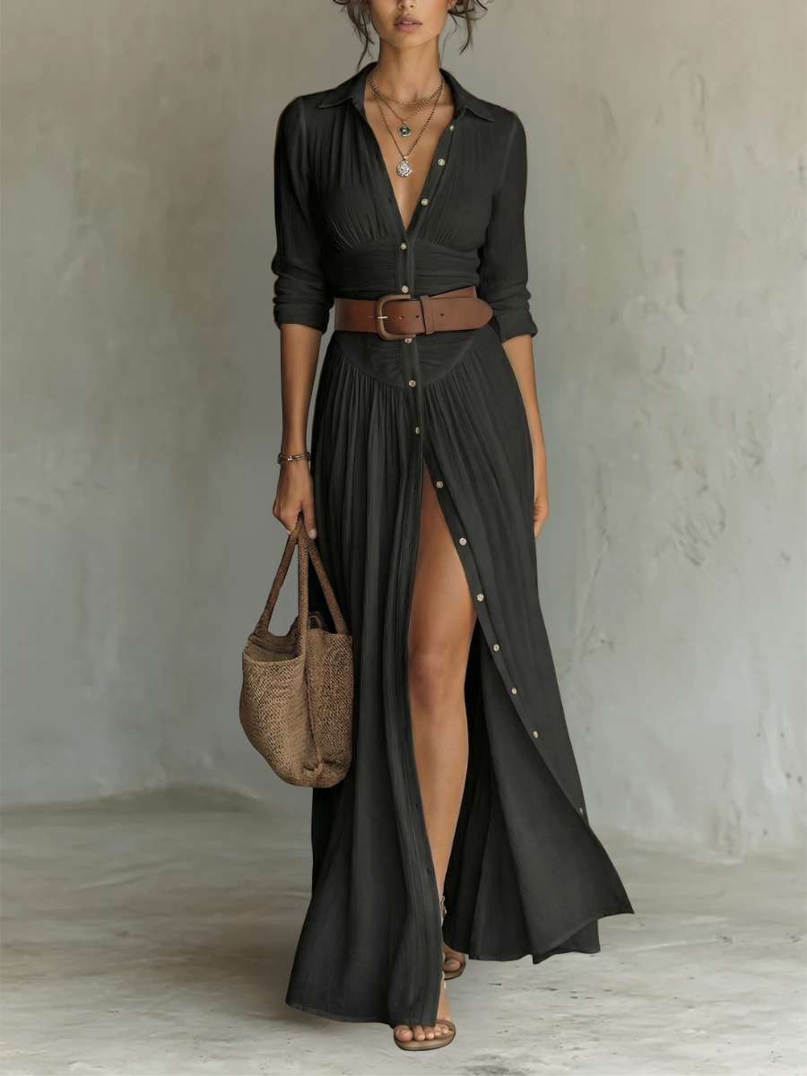 Women’s Elegant Long Sleeve Maxi Dress with Pleated Skirt 3