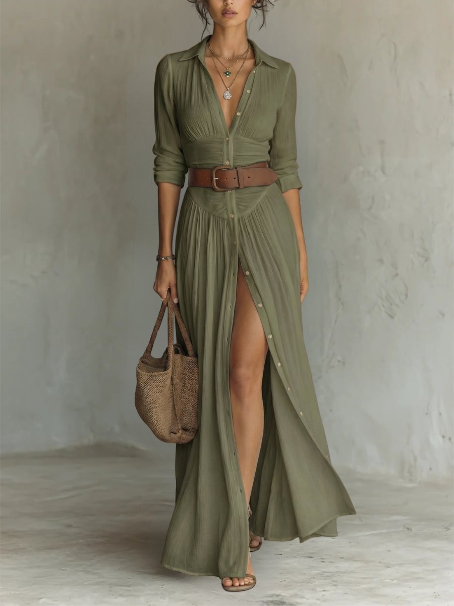 Women’s Elegant Long Sleeve Maxi Dress with Pleated Skirt 4