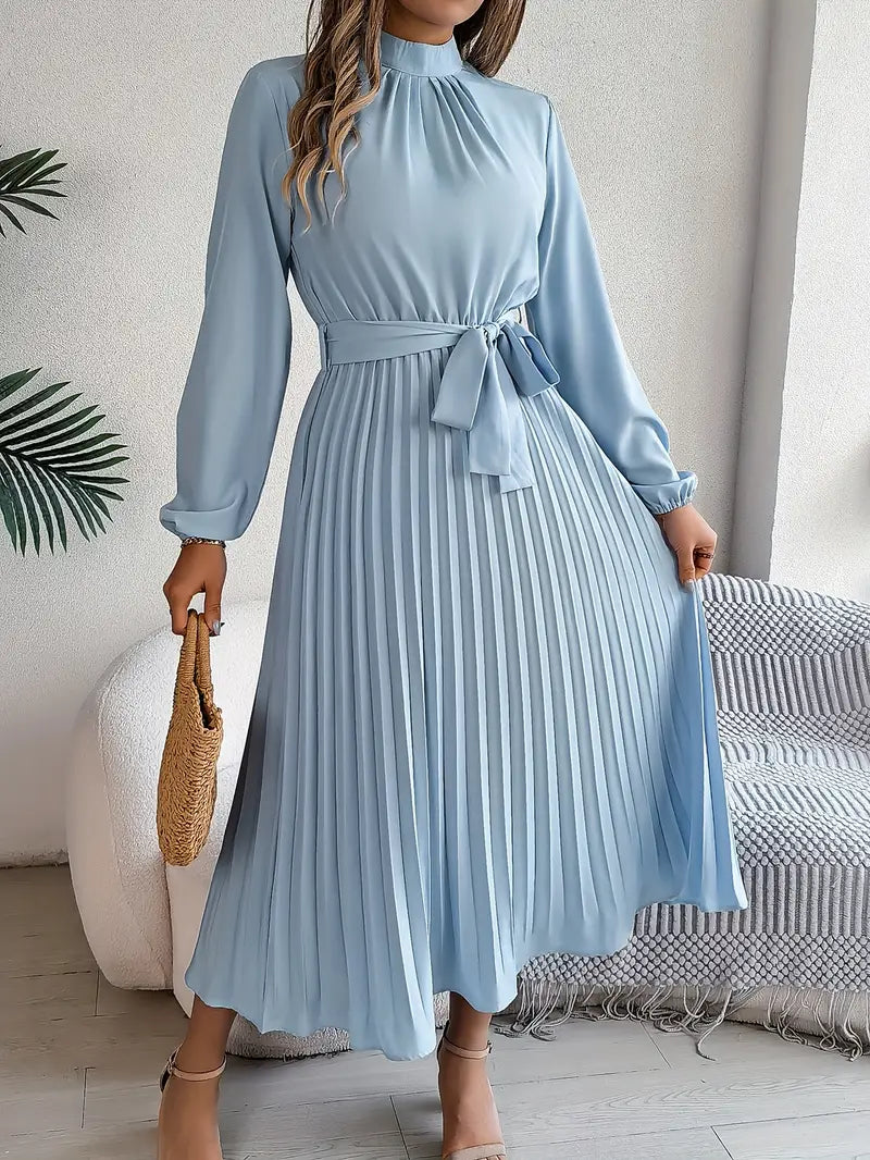 Women’s Elegant Long Sleeve Pleated Dress with Belted Waist 0