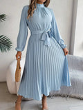 Women’s Elegant Long Sleeve Pleated Dress with Belted Waist 0