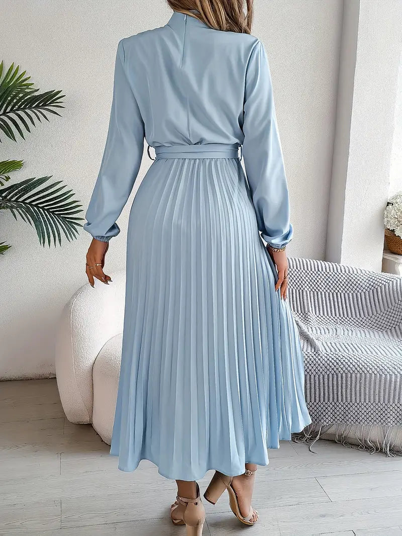 Women’s Elegant Long Sleeve Pleated Dress with Belted Waist 1