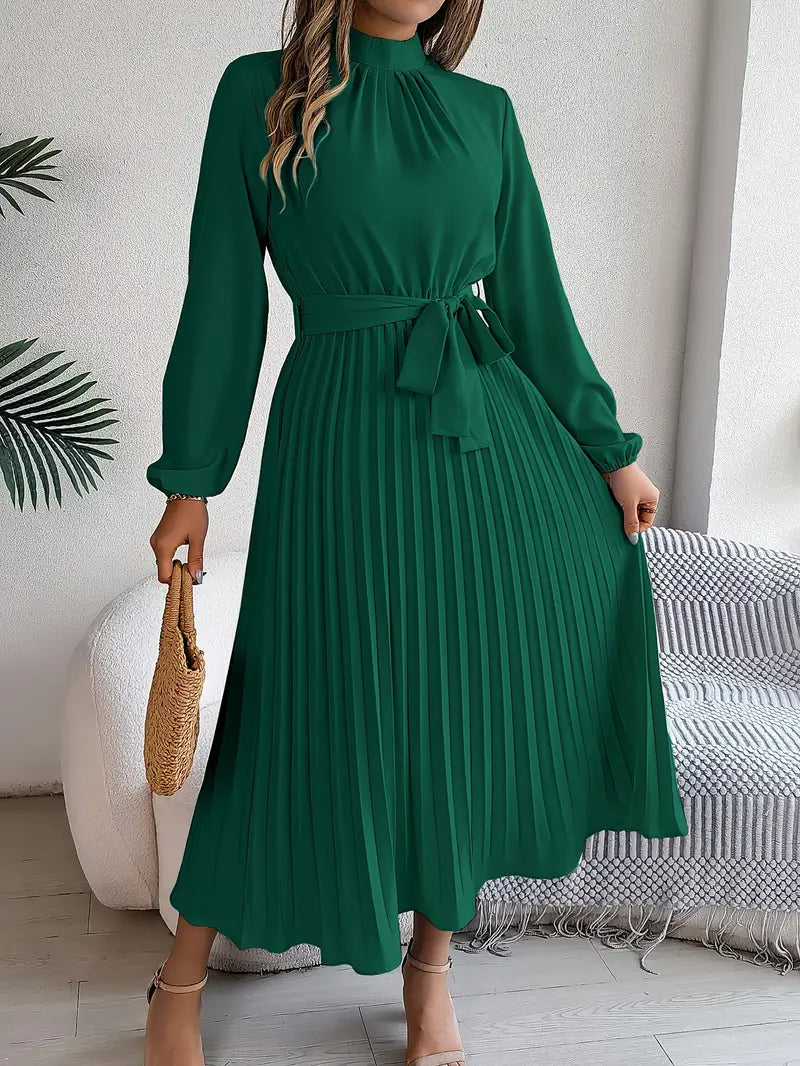 Women’s Elegant Long Sleeve Pleated Dress with Belted Waist 2