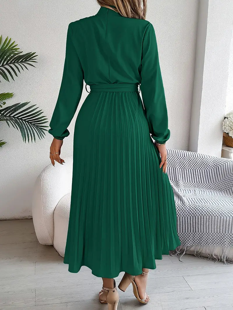 Women’s Elegant Long Sleeve Pleated Dress with Belted Waist 3