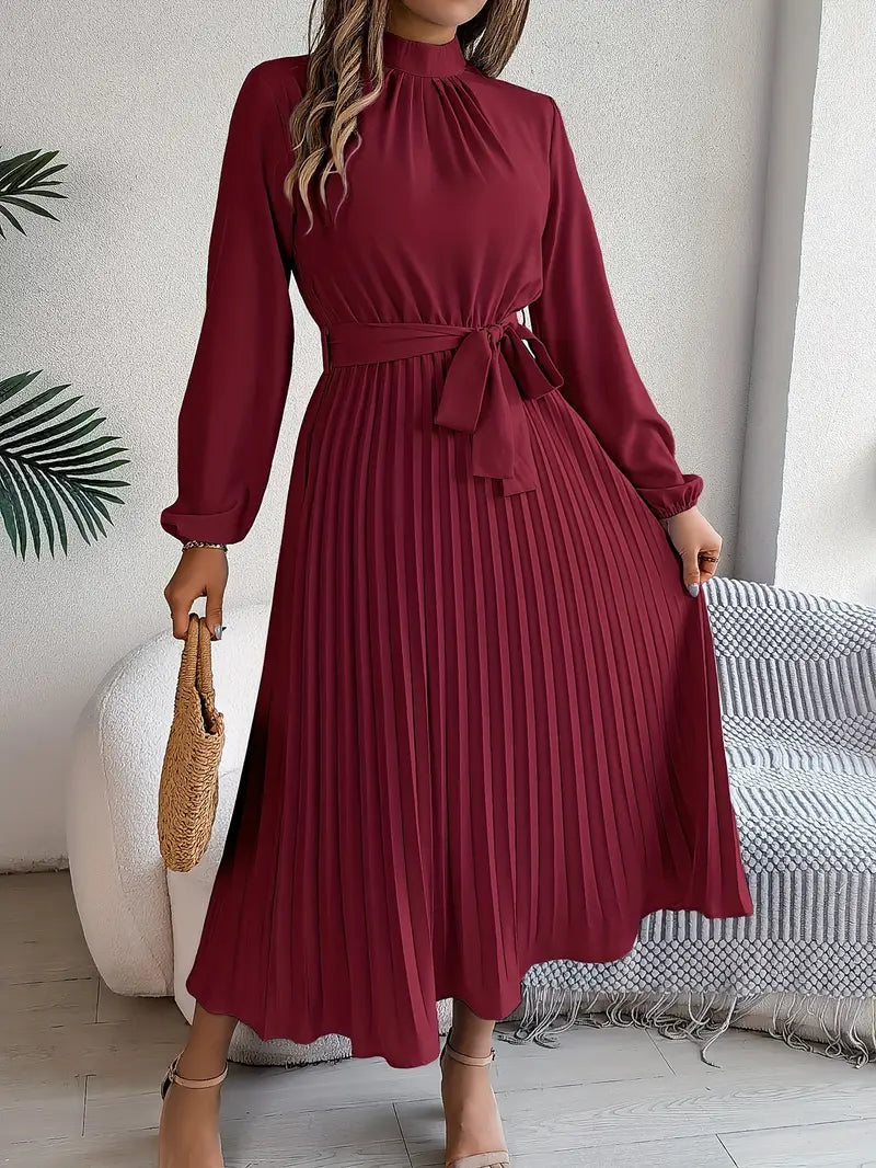 Women’s Elegant Long Sleeve Pleated Dress with Belted Waist 4