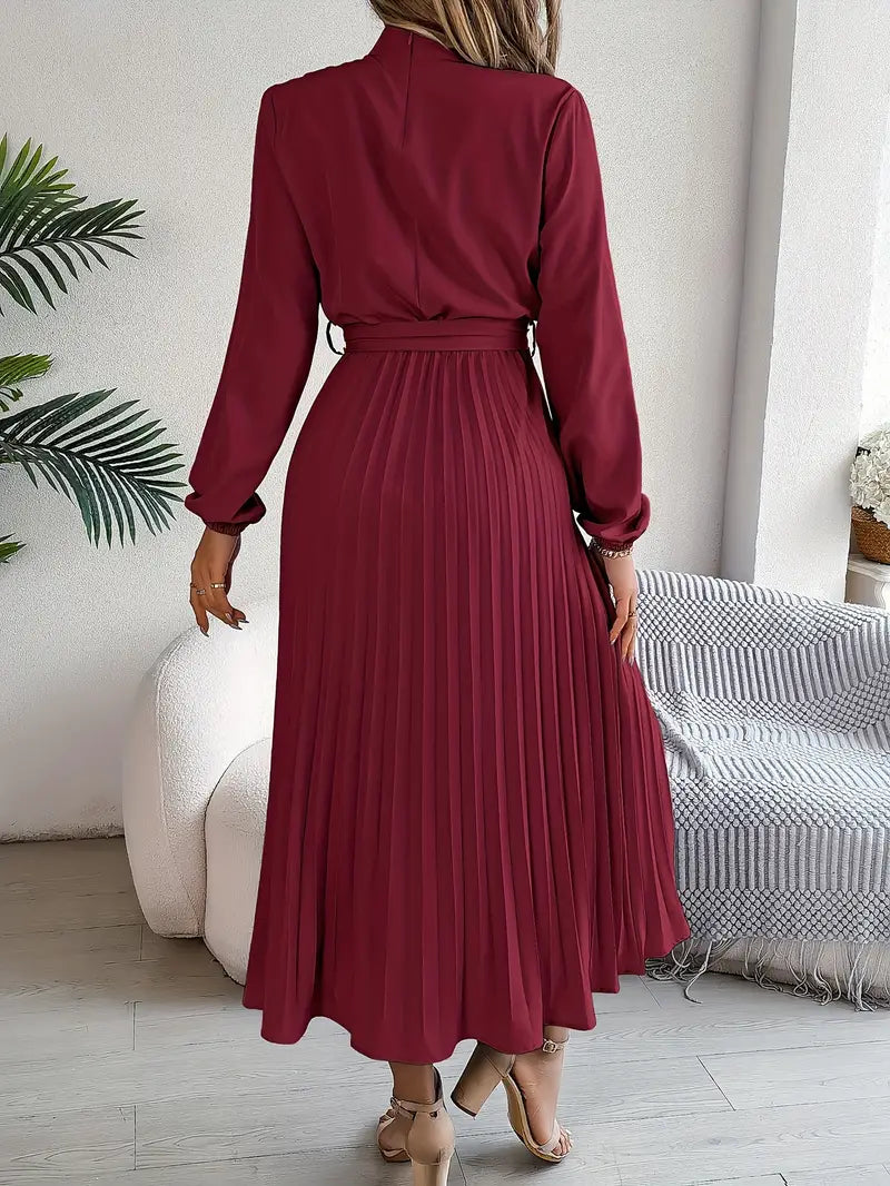Women’s Elegant Long Sleeve Pleated Dress with Belted Waist 5