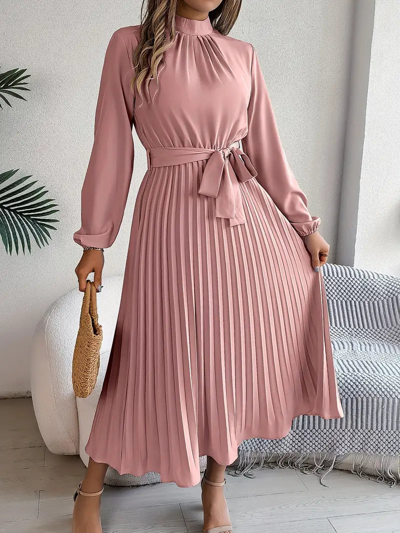 Women’s Elegant Long Sleeve Pleated Dress with Belted Waist 6