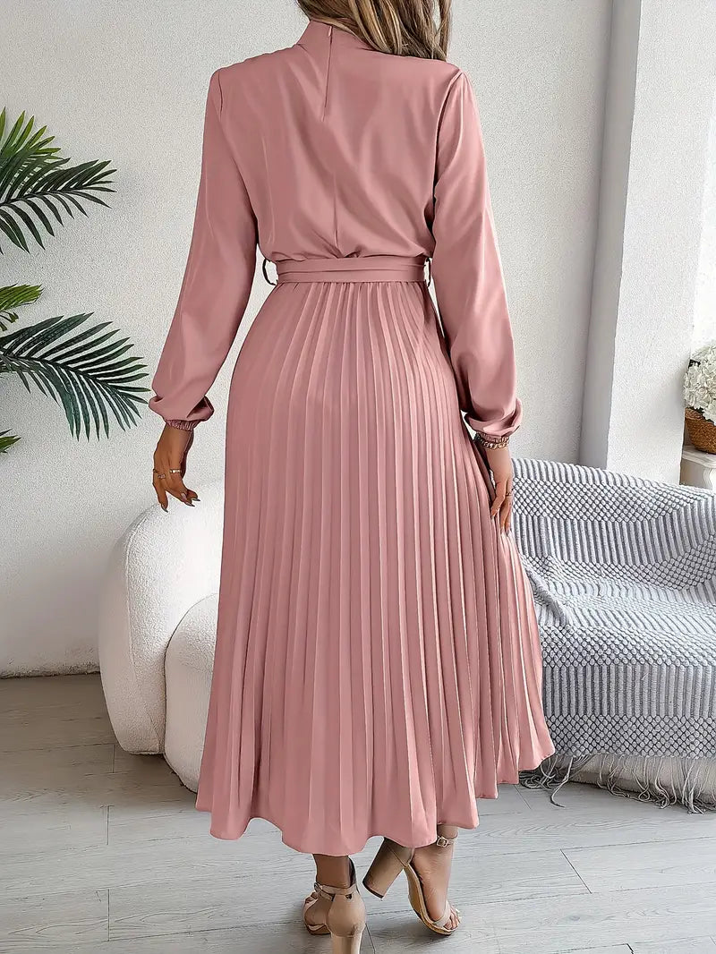 Women’s Elegant Long Sleeve Pleated Dress with Belted Waist 7