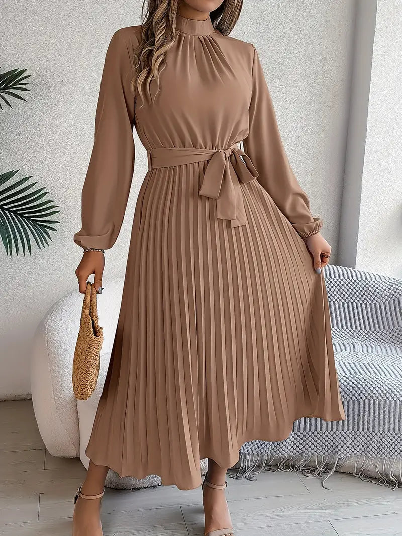 Women’s Elegant Long Sleeve Pleated Dress with Belted Waist 8