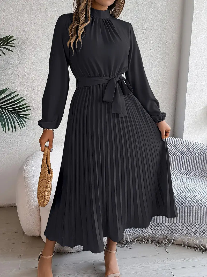 Women’s Elegant Long Sleeve Pleated Dress with Belted Waist 9
