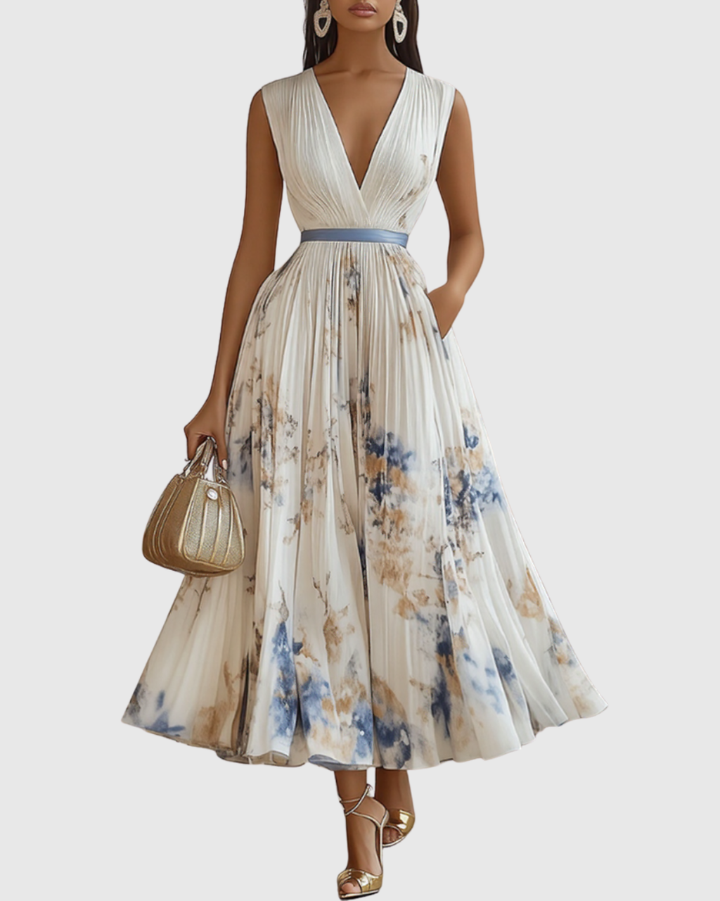 Women’s Elegant Maxi Dress Flattering V-Neck with Floral Print 0