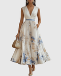 Women’s Elegant Maxi Dress Flattering V-Neck with Floral Print 0