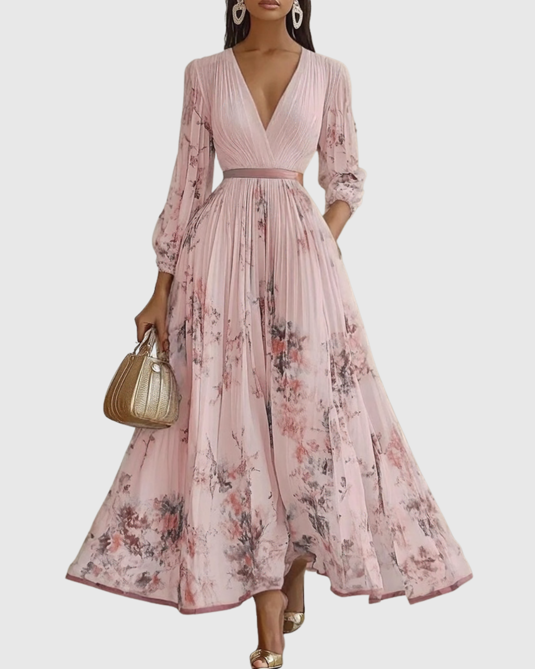 Women’s Elegant Maxi Dress Flattering V-Neck with Floral Print 10