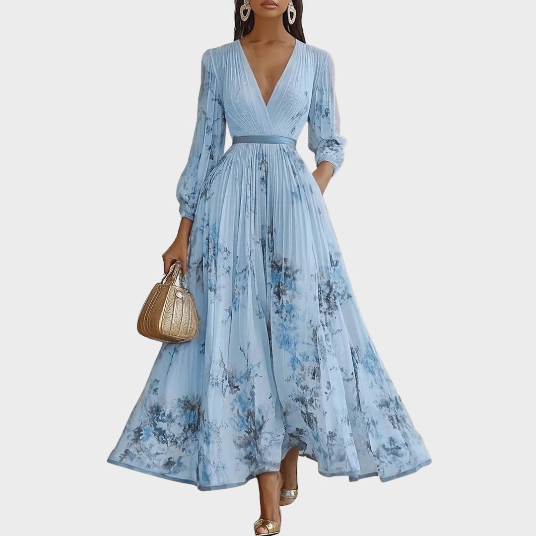 Women’s Elegant Maxi Dress Flattering V-Neck with Floral Print 3