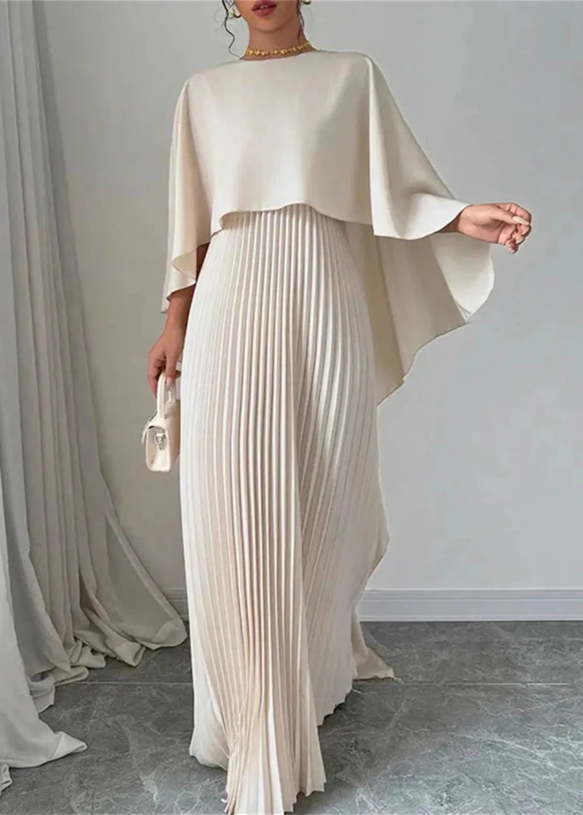 Women’s Elegant Maxi Dress Flowing Cape Overlay Design 0