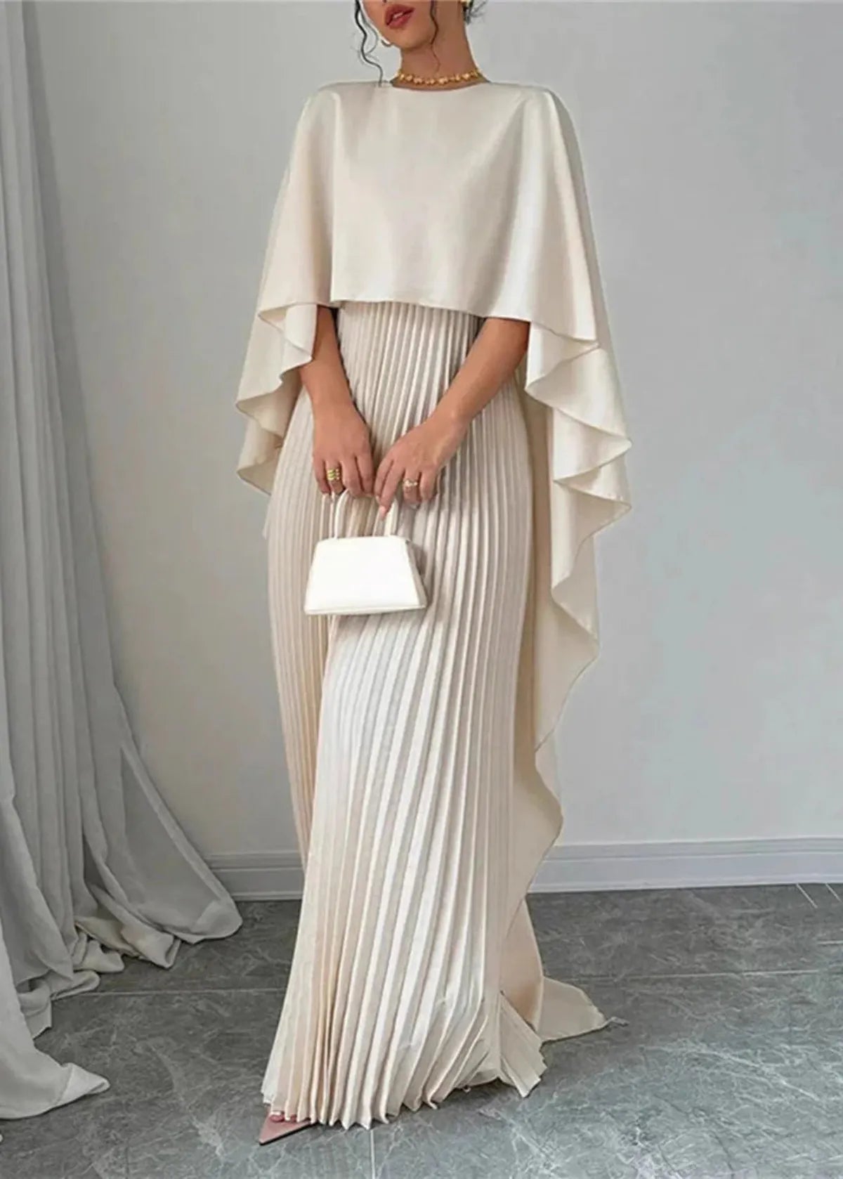 Women’s Elegant Maxi Dress Flowing Cape Overlay Design 1