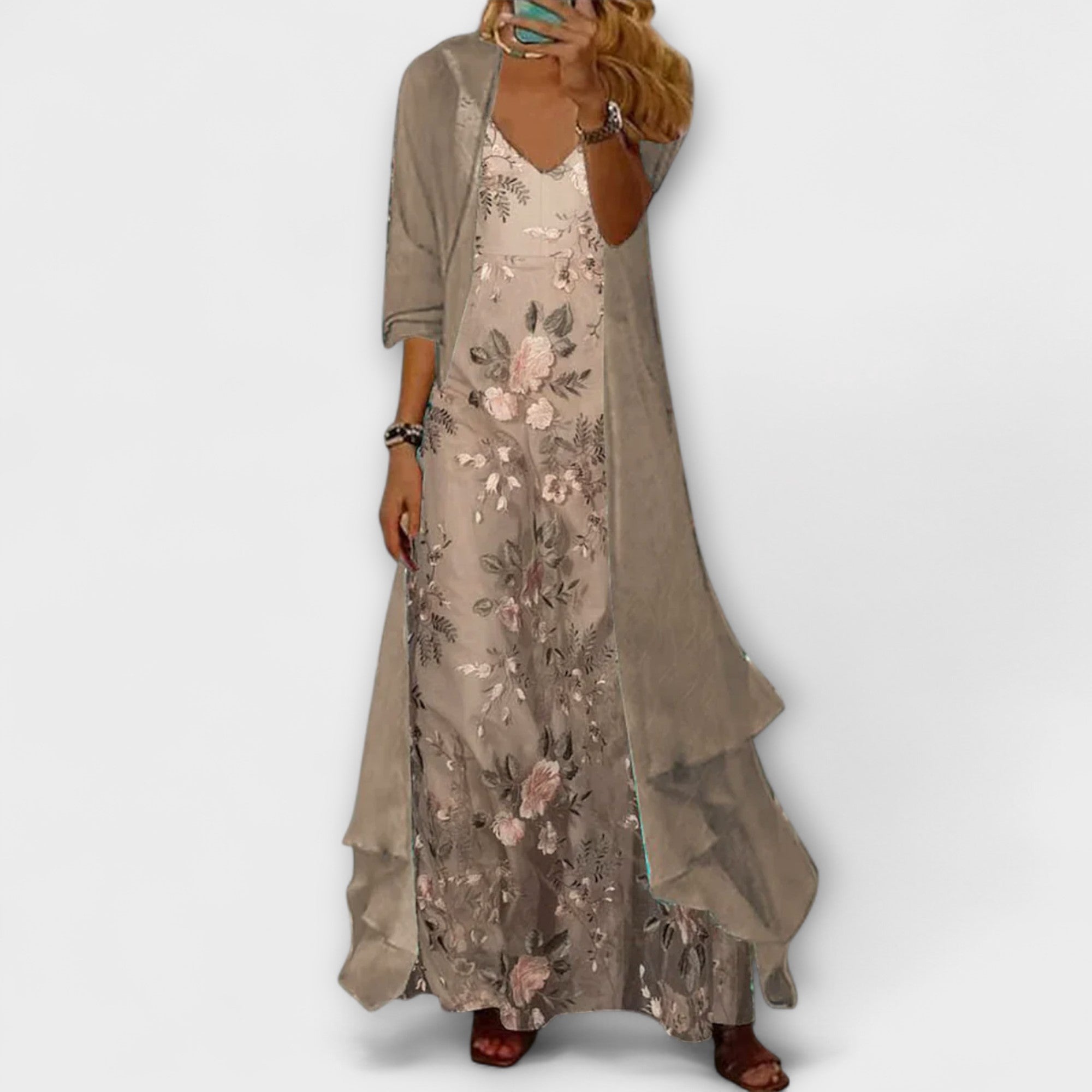 Women’s Elegant Maxi Dress Two-Piece Set Soft Coffee Print 1