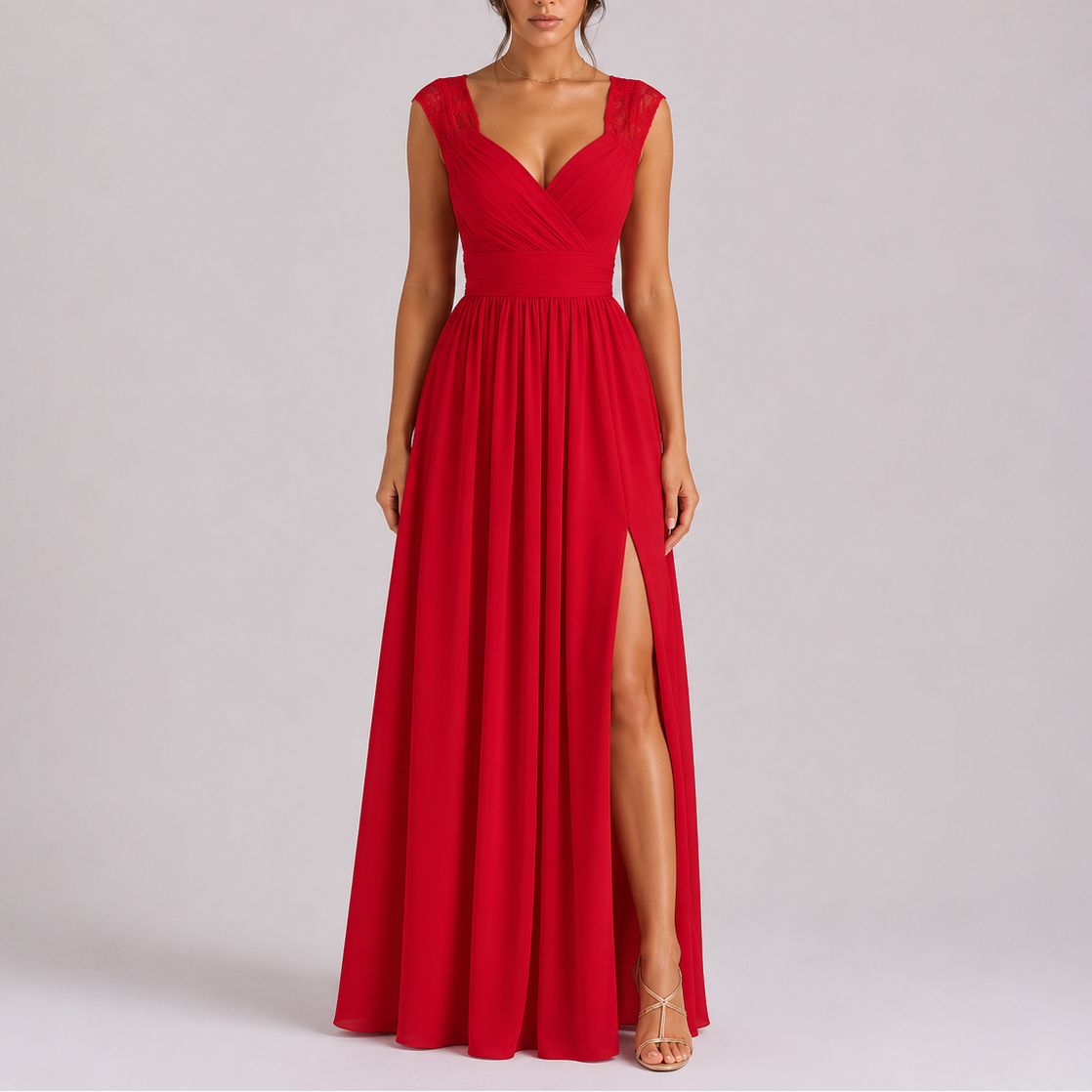 Women’s Elegant Maxi Dress with Lace Shoulder and Side Slit 0