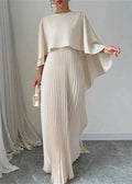 Women’s Elegant Maxi Dress with Pleated Skirt and Cape Overlay 0