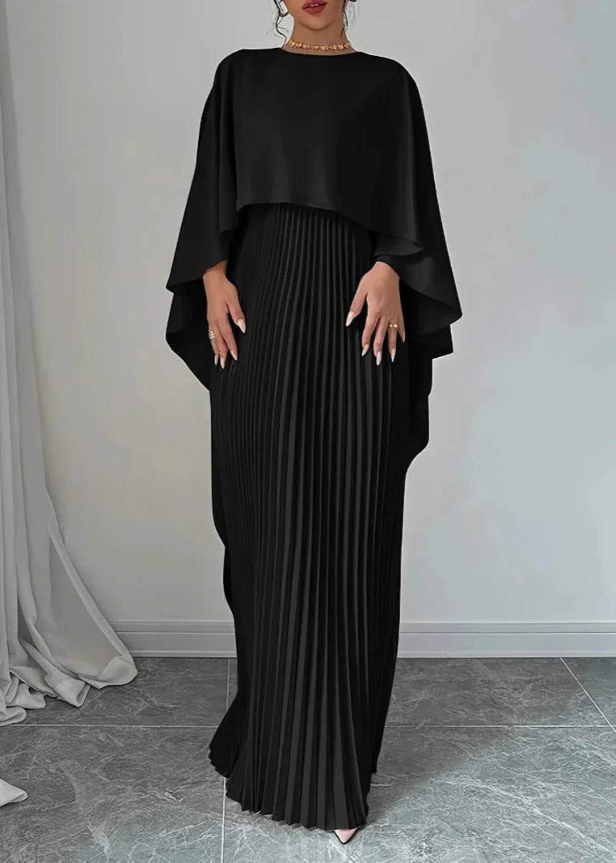 Women’s Elegant Maxi Dress with Pleated Skirt and Cape Overlay 4