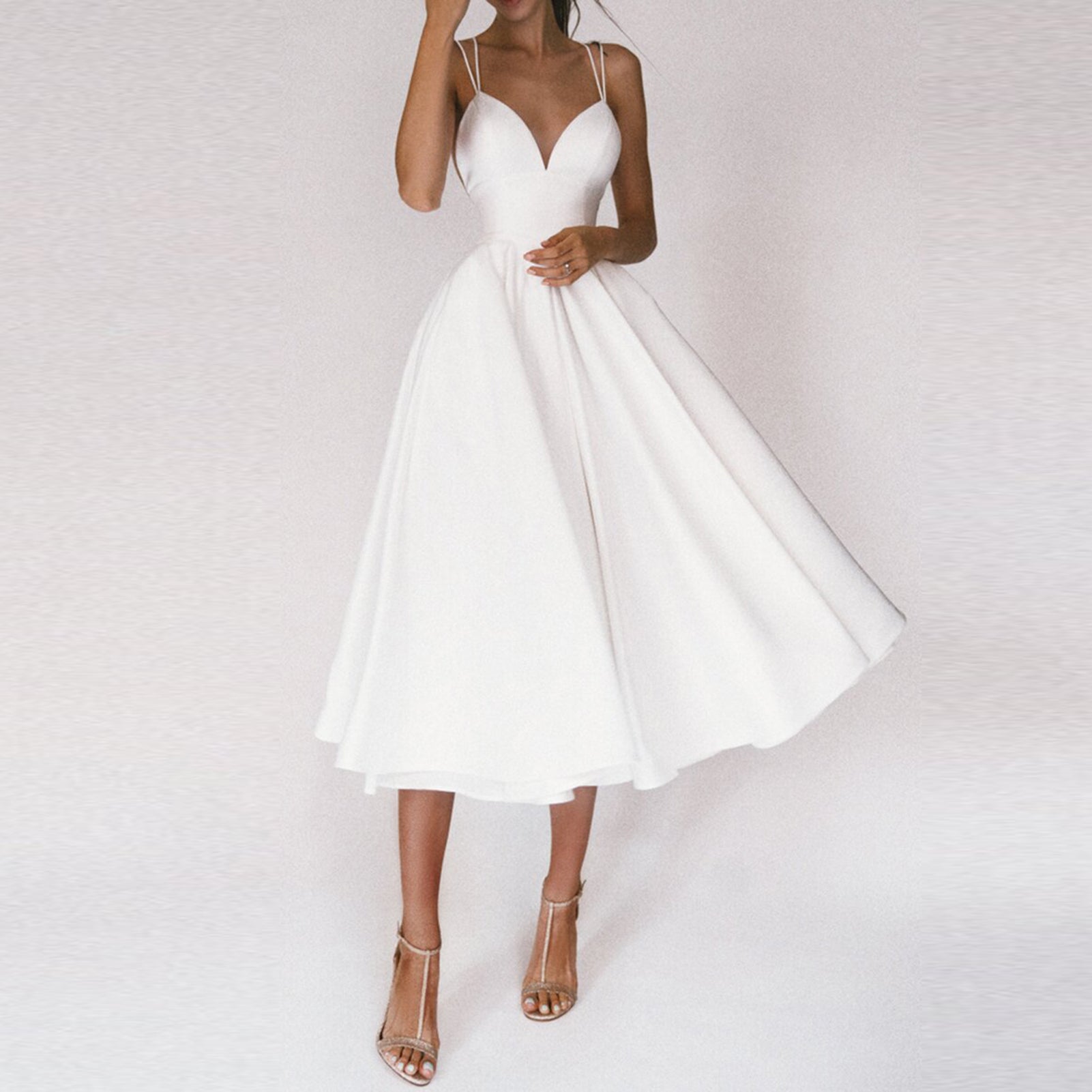 Women’s Elegant Midi Dress Flared Skirt with Slim Straps 0
