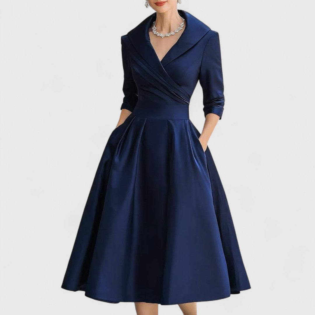 Women’s Elegant Midi Dress Flattering V-Neck and Flared Skirt 0