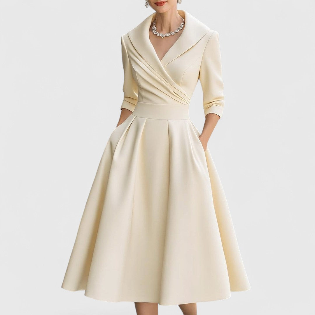 Women’s Elegant Midi Dress Flattering V-Neck and Flared Skirt 4