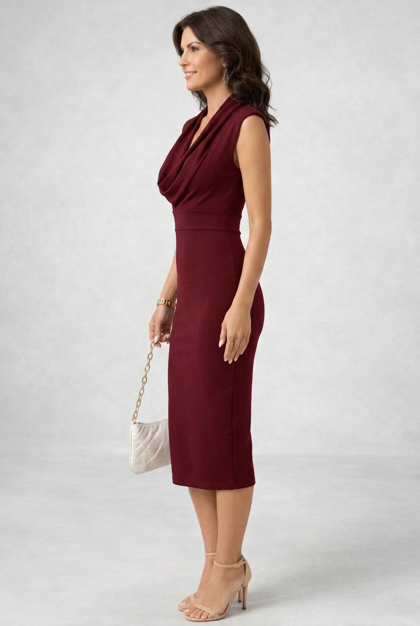 Women’s Elegant Midi Dress Graceful Cowl Neck Sleeveless Style in White 3