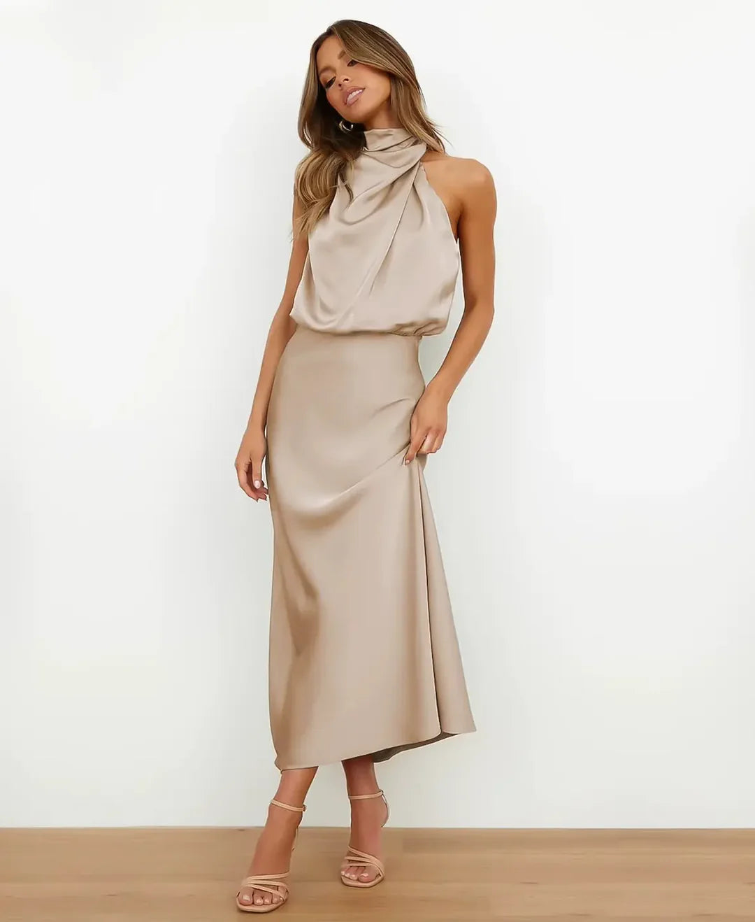 Women’s Elegant Midi Dress Sleeveless High Neck Style 0