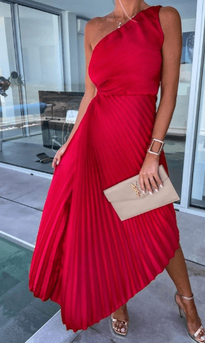 Women’s Elegant One Shoulder Maxi Dress with Pleated Skirt 0