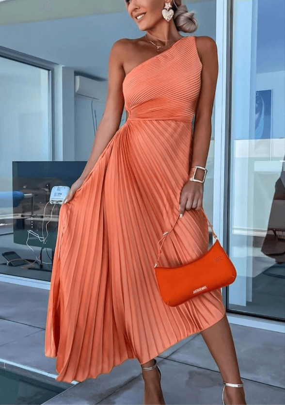 Women’s Elegant One Shoulder Maxi Dress with Pleated Skirt 1